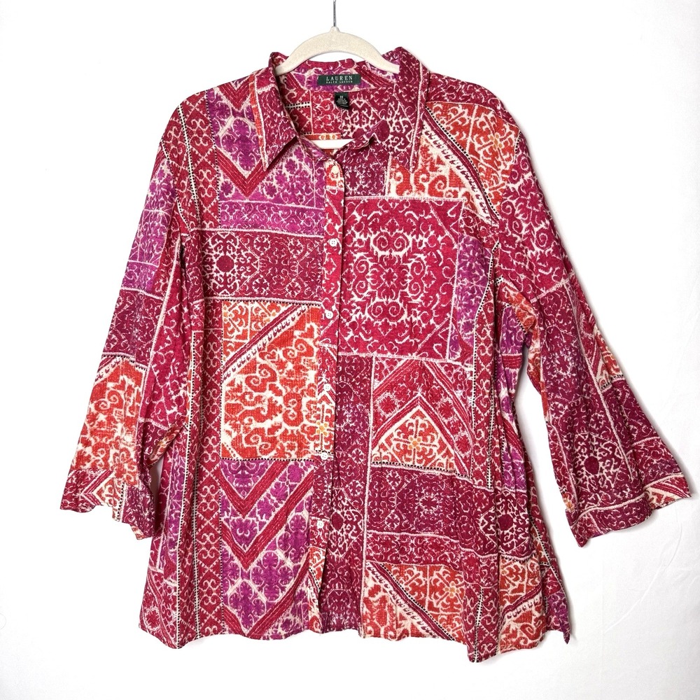 Lauren Ralph Lauren Tunic Top 3X Button Lightweight Gauze 100% Cotton‎ Print 3XL